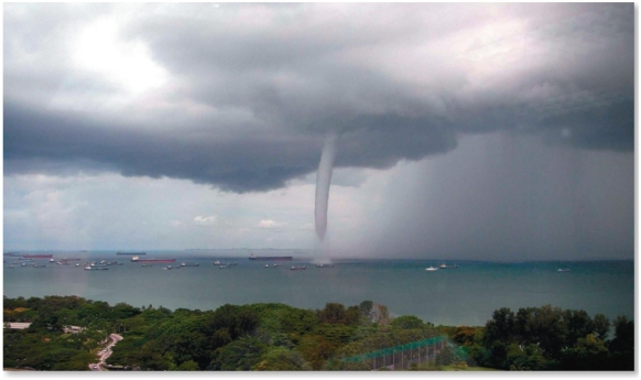 This phenomenon   A) is typically larger than a tornado. B) usually forms over land and then moves over water. C) forms when a tornado sucks water from the ocean or lake. D) forms in conjunction with cumulus congestus clouds.
