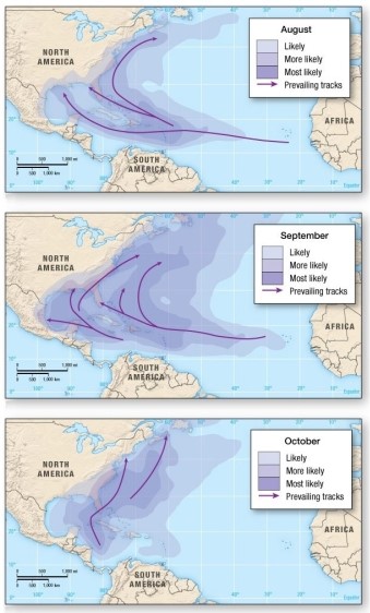 Atlantic hurricanes often take on a northerly path due to   A) the presence of a large anticyclone in the Atlantic Ocean. B) the presence of a large cyclone in the Atlantic Ocean. C) the presence of a large anticyclone in the Pacific Ocean. D) the presence of a large cyclone in the Pacific Ocean.