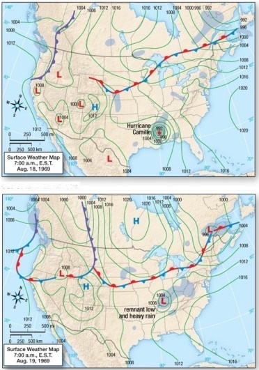 Between August 18 and 19,1969,Hurricane Camille began to dissipate due to   A) decreasing wind shear aloft. B) decreasing storm surges. C) an increased supply of latent heat after making landfall. D) an decreased supply of latent heat after making landfall.