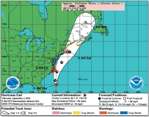 Based on the figure,   A) a hurricane is expected along the North Carolina coast. B) a hurricane is possible along the North Carolina coast. C) a hurricane is expected along the South Carolina coast. D) a hurricane is possible along the South Carolina coast.