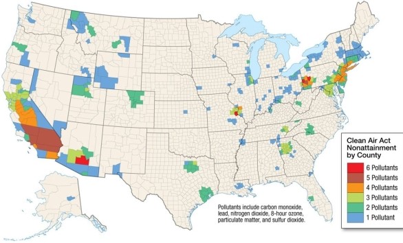 The spatial distribution of air quality nonattainment areas in the US is a result of   A) emissions. B) population. C) geographical features. D) emissions, population, geographical features and meteorological conditions.