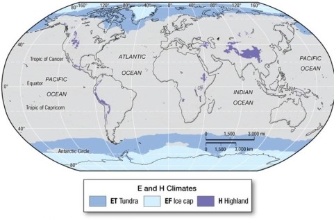 The highlighted areas have ________ climate.   A) subarctic B) polar C) humid subtropical D) severe midlatitude