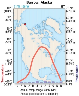 Barrow,Alaska has a   A) tundra climate. B) boreal climate. C) midlatitude steppe climate. D) tropical wet climate.