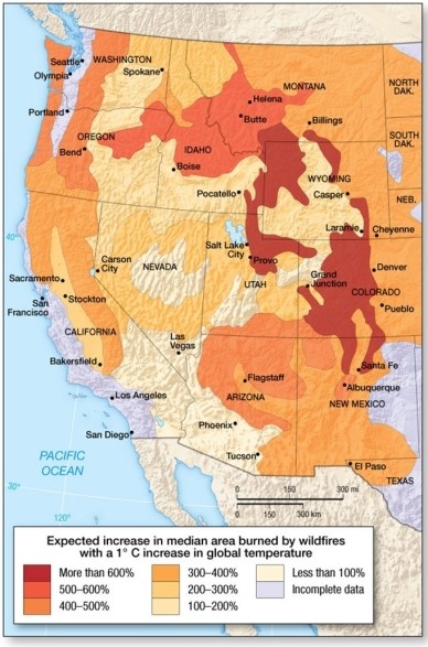A warming climate is expected to ________ the area affected by wildfires.   A) increase B) decrease C) have no effect on