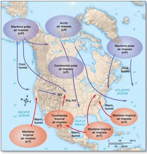 <strong>Which of the following air masses has short days and low sun angles during winter? </strong> A)continental polar B)maritime tropical C)continental tropical D)radiation inversion