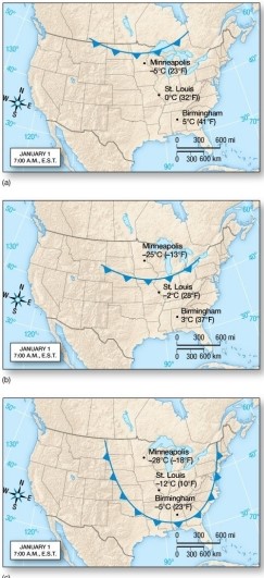 <strong>This figure illustrates the southward movement of a </strong> A)continental tropical air mass. B)continental polar air mass. C)maritime tropical air mass. D)maritime polar air mass.