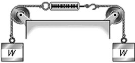 Two objects, each of weight W, hang vertically by spring scales as shown in the figure. The pulleys and the strings attached to the objects have negligible weight, and there is no appreciable friction in the pulleys. The reading in each scale is   A)  W. B)  more than W, but not quite twice as much. C)  less than W. D)  2W. E)  more than 2W.