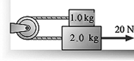 A rope pulls on the lower block in the figure with a tension force of 20 N. The coefficient of kinetic friction between the lower block and the surface is 0.16. The coefficient of kinetic friction between the lower block and the upper block is also 0.16. The pulley has no appreciable mass or friction. What is the acceleration of the 2.0 kg block?   A)  4.1 m/s<sup>2</sup> B)  5.1 m/s<sup>2</sup> C)  8.4 m/s<sup>2</sup> D)  9.2 m/s<sup>2</sup>