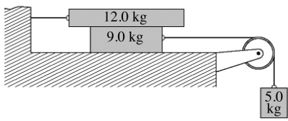A system comprised blocks, a light frictionless pulley, and connecting ropes is shown in the figure. The 9.0-kg block is on a perfectly smooth horizontal table. The surfaces of the 12-kg block are rough, with μk = 0.30 between the block and the table. If the 5.0-kg block accelerates downward when it is released, find its acceleration.   A)  1.0 m/s<sup>2</sup> B)  1.2 m/s<sup>2</sup> C)  1.4 m/s<sup>2</sup> D)  1.6 m/s<sup>2</sup> E)  1.8 m/s<sup>2</sup>