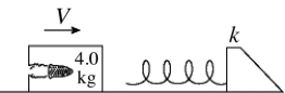 An 8.0-g bullet is shot into a 4.0-kg block, at rest on a frictionless horizontal surface (see the figure) . The bullet remains lodged in the block. The block moves into an ideal massless spring and compresses it by 8.7 cm. The spring constant of the spring is 2400 N/m. The initial velocity of the bullet is closest to   A)  1100 m/s. B)  1200 m/s. C)  900 m/s. D)  1300 m/s. E)  1000 m/s.