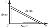 In the figure, a 60-cm length of uniform wire, of 60 g mass and negligible thickness, is bent into a right triangle. The x and y coordinates of the center of mass, in cm, are closest to   A)  (8, 3) . B)  (8, 5) . C)  (9, 4) . D)  (10, 3) . E)  (10, 5) .