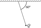 A point charge Q of mass 8.50 g hangs from the horizontal ceiling by a light 25.0-cm thread. When a horizontal electric field of magnitude 1750 N/C is turned on, the charge hangs away from the vertical as shown in the figure. The magnitude of Q is closest to   A)  27.5 µC. B)  47.6 µC. C)  55.0 µC. D)  3.0 µC. E)  3.5 µC.