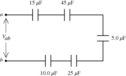 Five capacitors are connected across a potential difference V<sub>ab</sub> as shown in the figure. Because of the dielectrics used, each capacitor will break down if the potential across it exceeds 30.0 V. The largest that V<sub>ab</sub> can be without damaging any of the capacitors is closest to   A)  6.0 V. B)  30 V. C)  64 V. D)  150 V. E)  580 V.