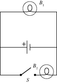 Two light bulbs, B<sub>1</sub> and B<sub>2</sub>, are connected to a battery having appreciable internal resistance as shown in the figure. What happens to the brightness of bulb B<sub>1</sub> when we close the switch S?   A)  The brightness of B<sub>1</sub> increases permanently. B)  The brightness of B<sub>1</sub> decreases permanently. C)  The brightness of B<sub>1 </sub>does not change. D)  The brightness of B<sub>1</sub> increases temporarily but gradually decreases back to its original brightness. E)  The brightness of B<sup>1</sup> decreases temporarily but gradually increases back to its original brightness.