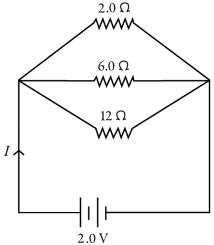 Three resistors are connected across an ideal 2.0-V DC battery as shown in the figure. (a) At what rate does the battery supply energy to the resistors? (b) At what rate is heat produced in the 6.0-Ω resistor?  