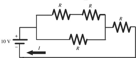 When four identical resistors are connected to an ideal battery of voltage V = 10 V as shown in the figure, the current I is equal to 0.20 A. What is the value of the resistance R of the resistors?   A)  20 Ω B)  40 Ω C)  30 Ω D)  50 Ω E)  10 Ω