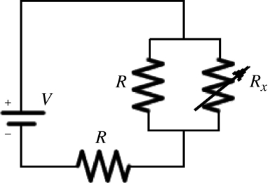 Two identical resistors of resistance R = 24 Ω and a variable resistor Rx are connected to an ideal battery of voltage V as shown in the figure. What should be the value of the variable resistance Rx to make the voltage across the two parallel resistors equal to   .   A)  4.0 Ω B)  24 Ω C)  8.0 Ω D)  16 Ω E)  40 Ω