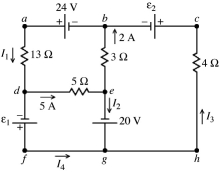 A multiloop circuit is shown in the figure. It is not necessary to solve the entire circuit. Compared to the polarity shown in the figure, the emf ε1 is closest to   A)  -5 V. B)  5 V. C)  45 V. D)  51 V. E)  -51 V.