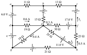 A multiloop circuit is shown in the figure. Some circuit quantities are not labeled. It is not necessary to solve the entire circuit. The current I<sub>2</sub> is closest to   A)  +0.1 A. B)  +0.3 A. C)  +0.5 A. D)  -0.1 A. E)  -0.3 A.