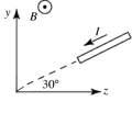 A wire segment 1.2 m long carries a current I = 3.5 A, and is oriented as shown in the figure. The +x-axis points directly into the page. A uniform magnetic field of magnitude 0.50 T pointing toward the -x direction is present as shown. What is the magnetic force vector on the wire segment?   A)  (+1.1 ĵ - 1.8   )  N B)  (-1.1 ĵ + 1.8   )  N C)  (-1.1 ĵ - 1.8   )  N D)  (+1.8 ĵ - 1.1   )  N E)  (-1.8 ĵ + 1.1   )  N