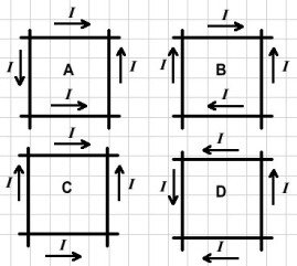 The figure shows four different sets of insulated wires that cross each other at right angles without actually making electrical contact. The magnitude of the current is the same in all the wires, and the directions of current flow are as indicated. For which (if any)  configuration will the magnetic field at the center of the square formed by the wires be equal to zero?   A)  A B)  B C)  C D)  D E)  The field is not equal to zero in any of these cases.