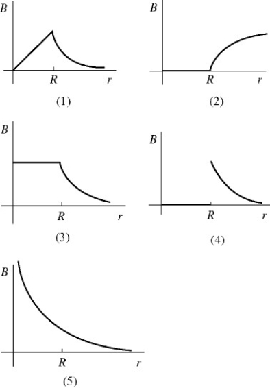 A very long, hollow, thin-walled conducting cylindrical shell (like a pipe)  of radius R carries a current along its length uniformly distributed throughout the thin shell. Which one of the graphs shown in the figure most accurately describes the magnitude B of the magnetic field produced by this current as a function of the distance r from the central axis?   A)  1 B)  2 C)  3 D)  4 E)  5
