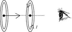 A closed, circular loop has a counter-clockwise current flowing through it as viewed by a person on the right, as shown in the figure. If a second closed circular loop with the same radius approaches this loop with constant velocity along a common axis as shown, in what direction will a current flow in the approaching loop as viewed by the person on the right?   A)  clockwise B)  counter-clockwise C)  No current will be induced because the velocity of approach is constant.
