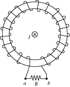 <strong>In the figure, a straight wire carries a current I. The wire passes through the center of a toroidal coil. If the current in the wire is quickly reduced to zero, the induced current through the resistor R is </strong> A) from a to b. B) from b to a. C) There is no induced current through the resistor.