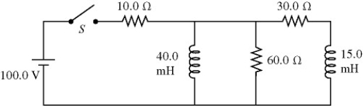 For the circuit shown in the figure, the inductors have no appreciable resistance and the switch has been open for a very long time.    (a) The instant after closing the switch, what is the current through the 60.0-Ω resistor? (b) The instant after closing the switch, what is the potential difference across the 15.0-mH inductor? (c) After the switch has been closed and left closed for a very long time, what is the potential drop across the 60.0-Ω resistor?