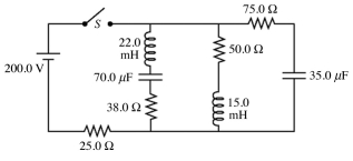 For the circuit shown in the figure, the switch has been open for a very long time.    (a) What is the potential drop across the 15.0-mH inductor just after closing the switch? (b) What is the potential drop across the 70.0-µF capacitor after the switch has been closed for a very long time?