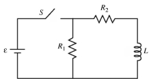 Consider the circuit shown in the figure. The battery has emf ε = 25 volts and negligible internal resistance. The inductance is L = 0.80 H and the resistances are R<sub>1</sub> = 12 Ω and R<sub>2</sub> = 9.0 Ω. Initially the switch S is open and no currents flow. Then the switch is closed.    (a) What is the current in the resistor R<sub>1</sub> just after the switch is closed? (b) After leaving the switch closed for a very long time, it is opened again. Just after it is opened, what is the current in R<sub>1</sub>?