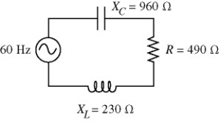 The 60-Hz ac source of a series circuit has a voltage amplitude of 120 V. The resistance, capacitive reactance, and inductive reactance are as shown in the figure. What is the rms current in the circuit?   A)  0.097 A B)  0.11 A C)  0.12 A D)  0.14 A E)  0.17 A