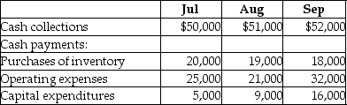 Châtelain Company is preparing its budget for the third quarter.Cash balance on July 31 was $30,000.Assume there is no minimum balance of cash required and no borrowing is undertaken.Additional budgeted data is provided here:   Calculate the balance of cash at the end of August. A) $19,100 B) $28,800 C) $29,050 D) $32,000