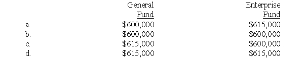 A governmental entity has a General Fund and an Enterprise Fund.At the beginning of the year,neither fund has any unpaid salary liability.During the year,both funds paid salaries of $600,000.In addition,salaries for the last three days of the fiscal year ($15,000 for each fund)will be paid during the first week of the next fiscal year.How much should each fund report as salary expenditures (expenses)for the fiscal year?  