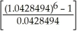 PMT = 1120, i = 0.0848 ÷ 4 = 0.0212, n = 3 × 2 = 6, c =   = 2 p = (1.0212)<sup>2</sup> - 1 = 0.0428494 FV<sub>g</sub> = 1120.00   = 1120.00(6.6804902) = $7482.34