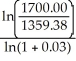 Let the focal date be now; i = 0.12 ÷ 4 = 0.03; m = 4 Debts = 1000.00(1.03)<sup>-3</sup> + 500.00(1.03)<sup>-4</sup> = 1359.38 FV = 1700, PV = 1359.38 n = = = = 7.56456693 quarters The discharge date is 1 year 325 days from now.