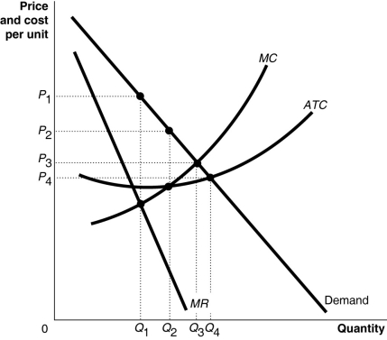 Figure 16-1   -Refer to Figure 16-1.What is the price charged under perfect price discrimination? A) P3 B) P4 C) a range of prices corresponding to the demand curve from P3 and above D) a range of prices corresponding to the demand curve from P4 and above