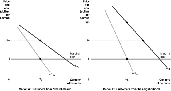   Chantal owns a hairdressing salon which caters to two main groups of customers: residents of  The Chateau,  a retirement community,and other residents in the neighborhood.Figure 16-3 shows the demand curves for the residents of the retirement community,labeled Market A,and other residents in the neighborhood,labeled Market B.The demand curves are not identical. -Refer to Figure 16-3.Suppose Chantal charges all her customers a uniform price of $10 for a haircut.Which of the following statements is true? A) Chantal is selling more than the profit-maximizing quantity of haircuts in market B. B) Chantal is selling less than the profit-maximizing quantity of haircuts in market B. C) Chantal is maximizing revenue in market B. D) Chantal will earn a greater profit through uniform pricing than if she practices price discriminates.