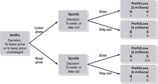   Netflix (N) was one of the first companies to offer streaming video services and is still considered a leader in the industry.Spotify (S) offers a music streaming service and is considering entering the video streaming business.At this point,Netflix has to decide whether or not to lower its subscription price in order to deter Spotify's entry into the market.Figure 14-5 shows the decision tree for the Netflix-Spotify entry game. -Refer to Figure 14-5.If Netflix lowers its price,will this deter Spotify from setting up a streaming video service? A) yes,because Spotify stands to lose $1 million if it competes with Netflix B) yes,because Spotify will make a smaller profit than Netflix if it chooses to compete C) no,because Spotify will make a profit if it competes with Netflix D) no,because Spotify will make a larger profit than Netflix if it chooses to compete