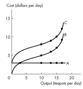 Use the figure below to answer the following question.     Figure 11.3.1 -Refer to Figure 11.3.1. Which one of the following statements is false? A) The total fixed cost curve A. B) Total variable cost and total cost both increase with output. C) The vertical gap between curves B and C is equal to total variable cost. D) Marginal cost is equal to the slope of curve C. E) Total fixed cost is constant.
