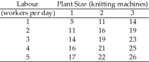 Use the table below to answer the following questions. Table 11.4.1 Swanky's output levels    -Refer to Table 11.4.1, which represents Swanky's production possibilities as the firm varies the quantities of knitting machines and workers per day. If Swanky increases the number of knitting machines from 1 to 2 and increases the number of workers employed from 1 to 2, the factory experiences A) economies of scale. B) constant returns to scale. C) diseconomies of scale. D) constant marginal product. E) minimum efficient scale.