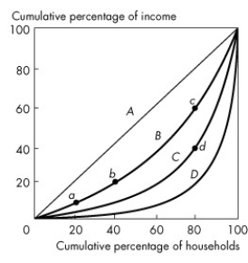 Use the figure below to answer the following questions.     Figure 19.1.2 -Consider the Lorenz curves in Figure 19.1.2. Which Lorenz curve corresponds to the greatest income inequality? A) A B) B C) C D) D E) impossible to tell without additional information