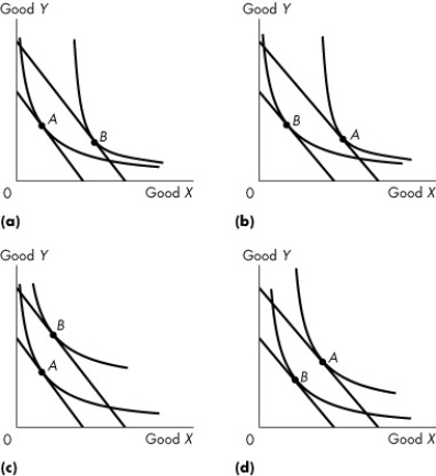 Use the figure below to answer the following questions.     Figure 9.3.4 Original equilibrium at A, new equilibrium at B -Refer to Figure 9.3.4. Which graphs show the case where good Y is a normal good? A) (a) and (b)  B) (c) and (d)  C) (a) and (c)  D) (b) and (d)  E) none of the graphs