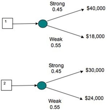 Decision trees show the profit outcomes for the plans for two doughnut stores in two different locations in a strong and a weak economy for the future.If the investor interested in building a store is optimistic, in which location should she build?   A) She should build Store 1, because it has a lower minimum profit. B) She should build Store 2, because it has a greater maximum profit. C) She should build Store 1, because it has a greater maximum profit. D) She should build Store 2, because it has a greater minimum profit.