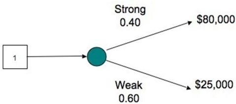 The decision tree shows the profit outcomes for a sandwich shop in a strong and a weak economy.If the economy is strong, the shop is likely to make an $80,000 profit.   