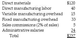 Puritan Apparels is a clothing retailer. Unit costs associated with one of its products, Product DCF 130, are as follows:   What are the indirect nonmanufacturing variable costs per unit associated with Product DCF130? A)  $5 B)  $29 C)  $160 D)  $213