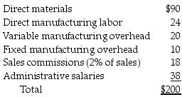 The American West Company manufactures several different products. Unit costs associated with Product ORD210 are as follows:   What are the inventoriable costs per unit associated with Product ORD210? A)  $134 B)  $124 C)  $144 D)  $114