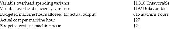 Outdoor Gear Corporation manufactured 5,000 coolers during October. The following variable overhead data relates to October:   Calculate the actual machine hours used by Stark during October. A)  623 hours B)  615 hours C)  607 hours D)  622 hours