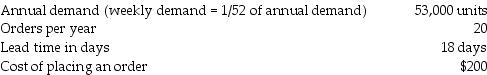 The following information applies to Krynton Company, which supplies microscopes to laboratories throughout the country. Krynton purchases the microscopes from a manufacturer which has a reputation for very high quality in its manufacturing operation.   What is the reorder point? (Assume a 365 day year.)  A)  1040 units B)  2614 units C)  2650 units D)  2944 units