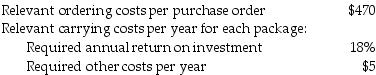 The Allianz Company produces a specialty wood furniture product, and has the following information available concerning its inventory items:   Annual demand is 33,000 packages per year. The purchase price per package is $49. What is the economic order quantity? A)  1875.37 units B)  1059.38 units C)  1498.19 units D)  2490.78 units